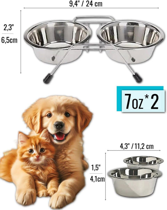 Pet Bowls for Dogs and Cats, with 2 Bowls, Iron Stand Base, Double Bowl Stand, Two Steel Removable (7oz)