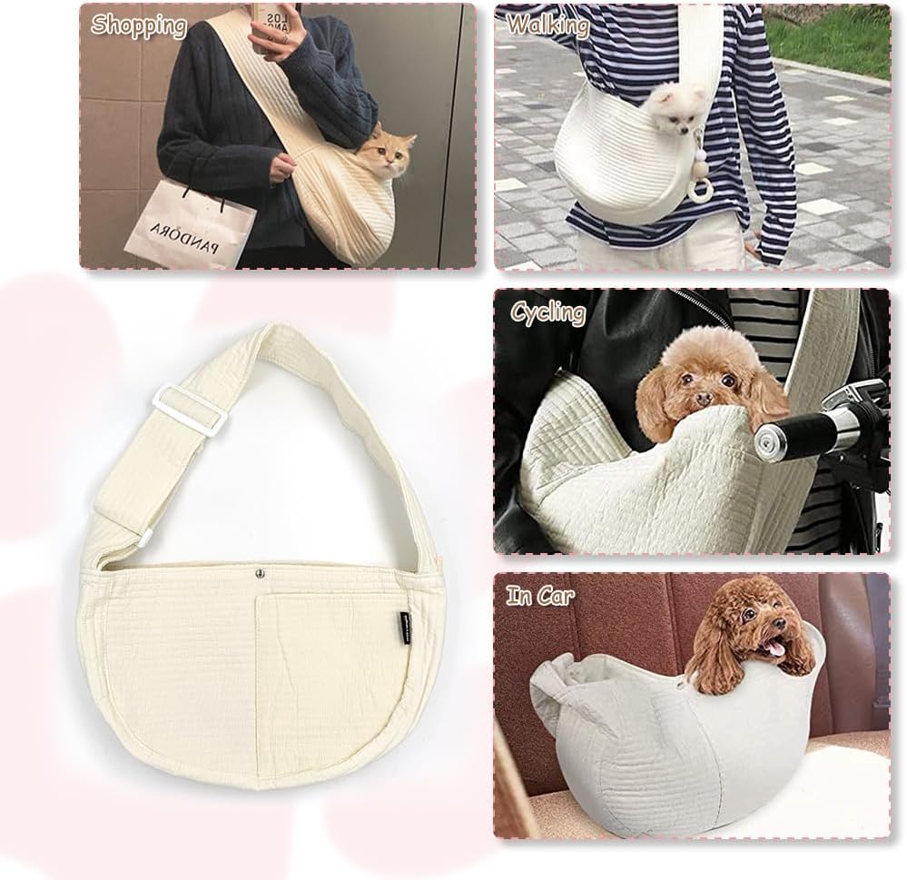 NATUYA Small Dog Carrier Sling Cat Sling-Dog Slings for Carrying Small Dogs-Adjustable Strap Hand Free Pet Puppy for Outdoor Traveling Subway (White, Canvas-Adjustable Strap)