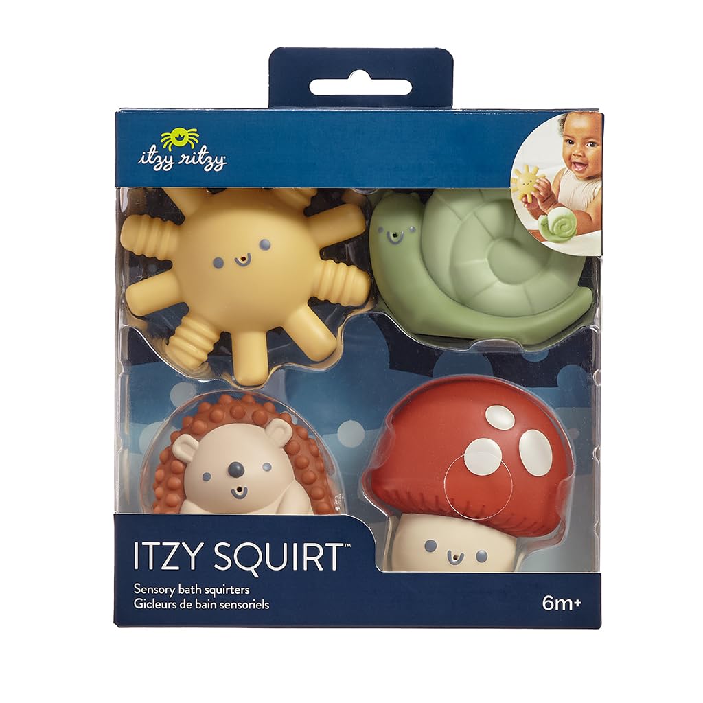 Itzy Ritzy Water-Squirting Sensory Bath Toys – Soft, Textured & Easy to Squeeze for Babies & Toddlers – Characters for Fun & Motor Skill Development - Set of 4 Includes Sun, Snail, Mushroom & Hedgehog