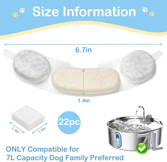 22 Pack Replacement Filters for smartoo 7L/236oz Stainless Steel Dog Water Fountain, 6 Month Set for Large Dogs Water Bowl Dispenser, Includes 22 Filters & 22 Sponges (22Pack)