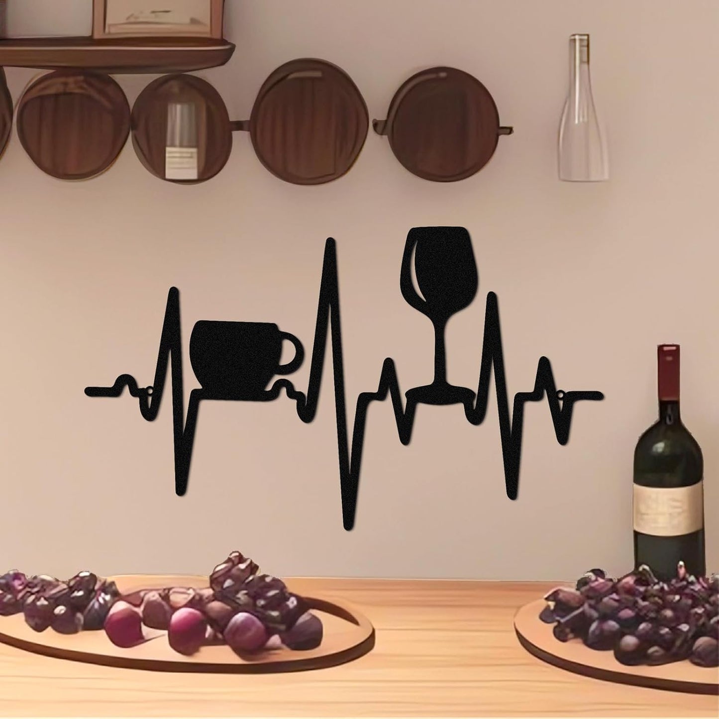 Blulu Heartbeat Coffee and Wine Bar Sign 15.75 x 9.04 Inch Rustic Black Metal Wine Art Wall Decor Wall Hanging for Farmhouse Kitchen Home Bar Cafe Decor