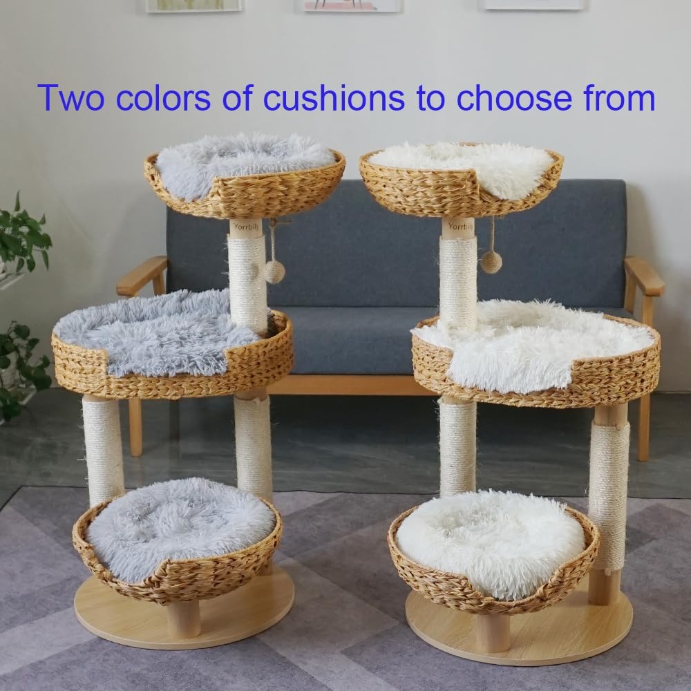 Cat Tree 39 Inches Cat Tower with Sisal Covered Scratching Real Wood Post, Handwoven PE Rattan 3 Baskets perches with Cozy Cushion, Cat Climbing, Cat Scratching Post (White Cushion)