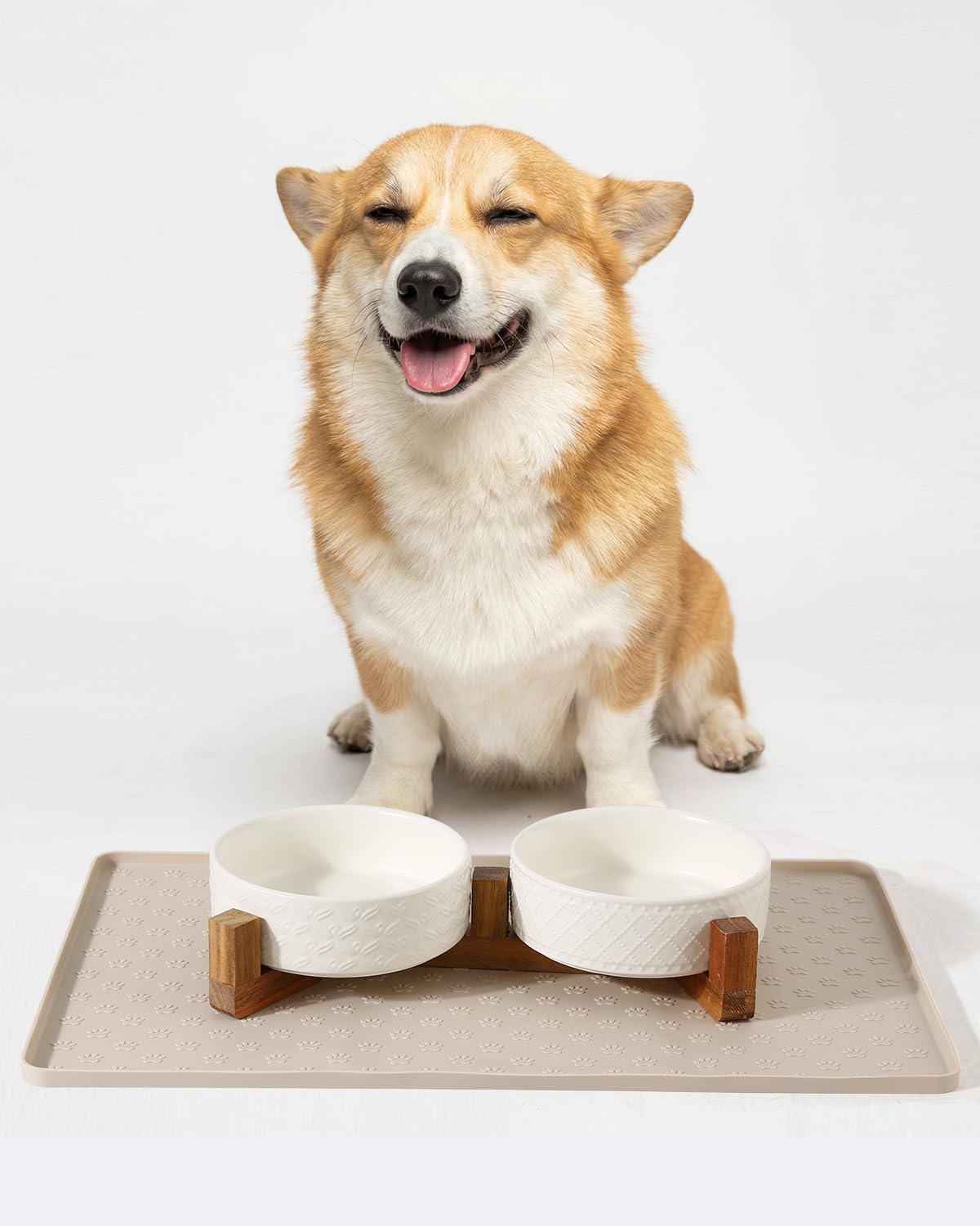 Dog Bowl Set with Acacia Wood Stand & Silicone Mat, 2.0-Cup Ceramic Puppy Bowls for Small Dogs, Dual Food and Water Bowls with Weighted Non-Slip Base & Dog Food Mat