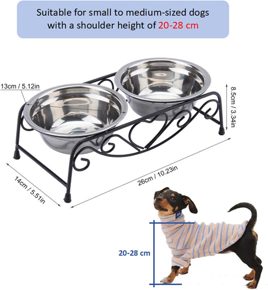Double Dog Bowls Elevated, 26×14×8.5cm Elevated Dog Bowls with Stand, Stainless Steel Raised Dogs Bowl, for 20-28cm Shoulder Height Pets
