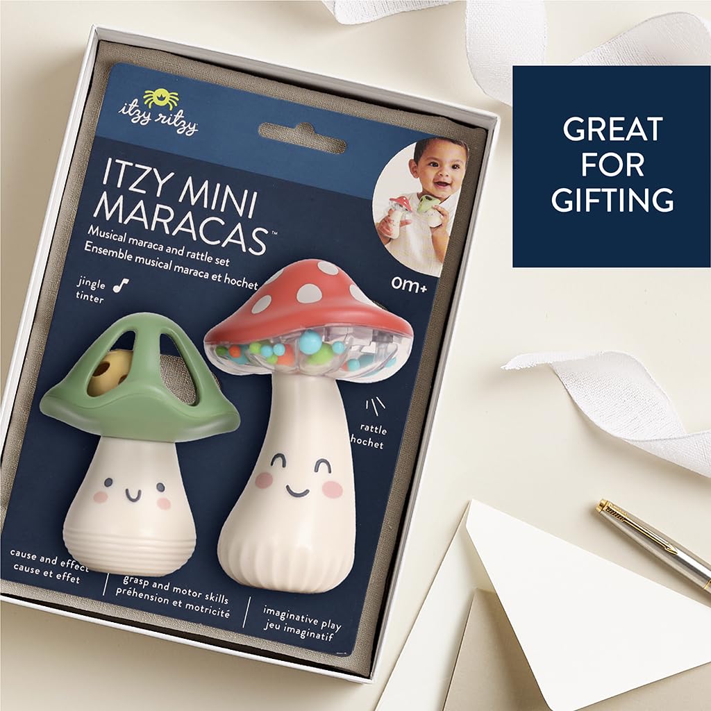 Itzy Ritzy Mini Maracas Musical Rattle Toy – Sensory Baby Toy with Rattle Beads & Jingle Ball for Motor Skills & Auditory Development – for Ages 0 Months and Up (Mushroom)