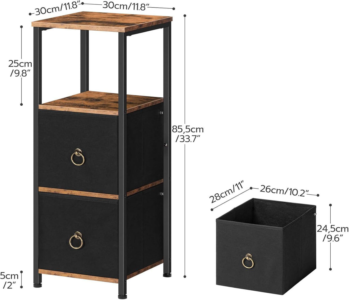 HOOBRO Corner Cabinet, 4-Tier Corner Shelf Stand with 2 Drawers,Bathroom Floor Cabinet, Narrow Storage Cabinet, for Bathroom, Living Room, Rustic Brown and Black BF87CW01