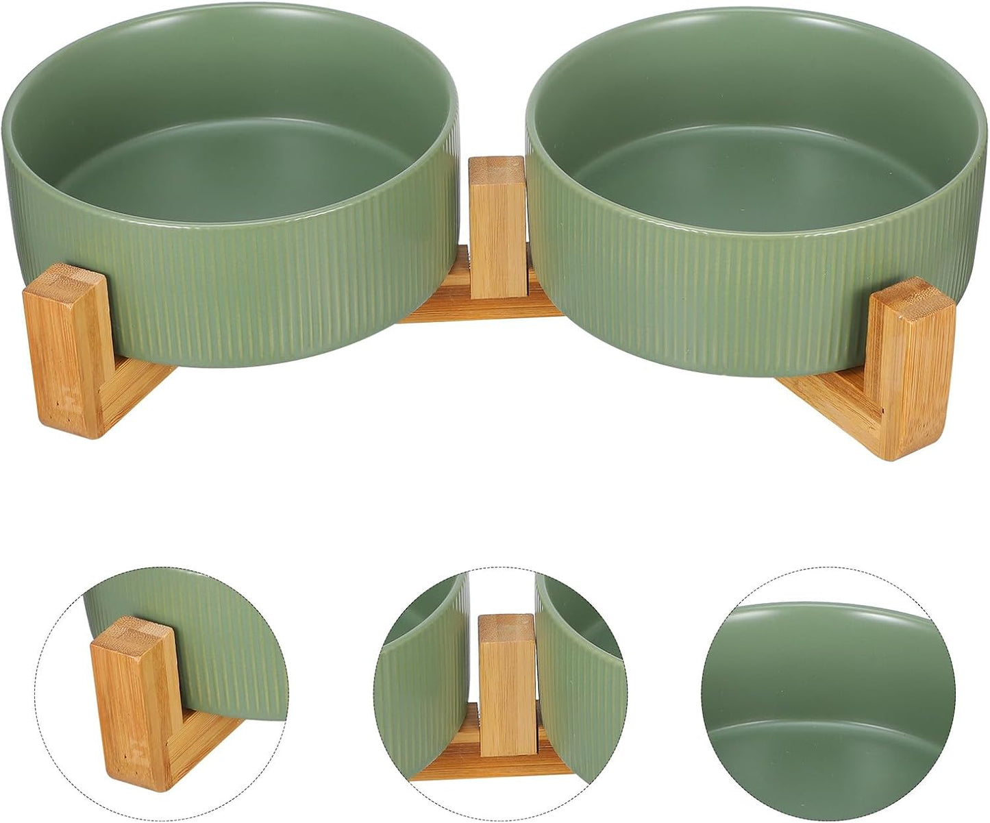 Milisten Ceramic Elevated Cat Feeder with Wooden Stand, 2-Bowl Raised Pet Food and Water Dish, Non-Spill Matte Green Indoor Dog and Cat Bowl Set