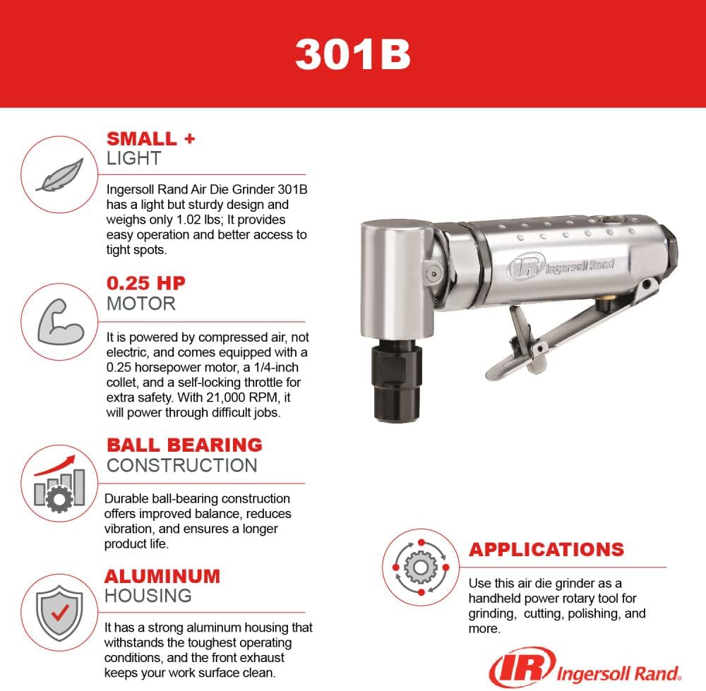 Ingersoll Rand 301B Air Die Grinder – 1/4", Right Angle, 21,000 RPM, Ball Bearing Construction, Safety Lock, Aluminum Housing, Lightweight Power Tool, Black
