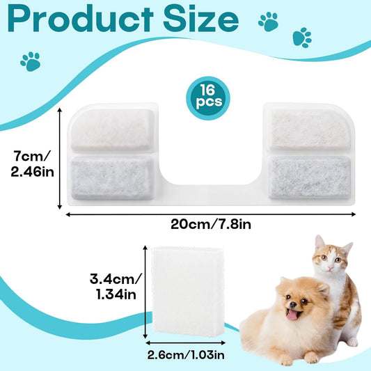 32 Pack Cat Water Fountain Replacement Filters, Compatible with FEELNEEDY Cat Water Fountain (FN-W17), 108oz/3.2L Pet Water Fountain, Including16 Pack Filters+16 Pack Pump Sponges
