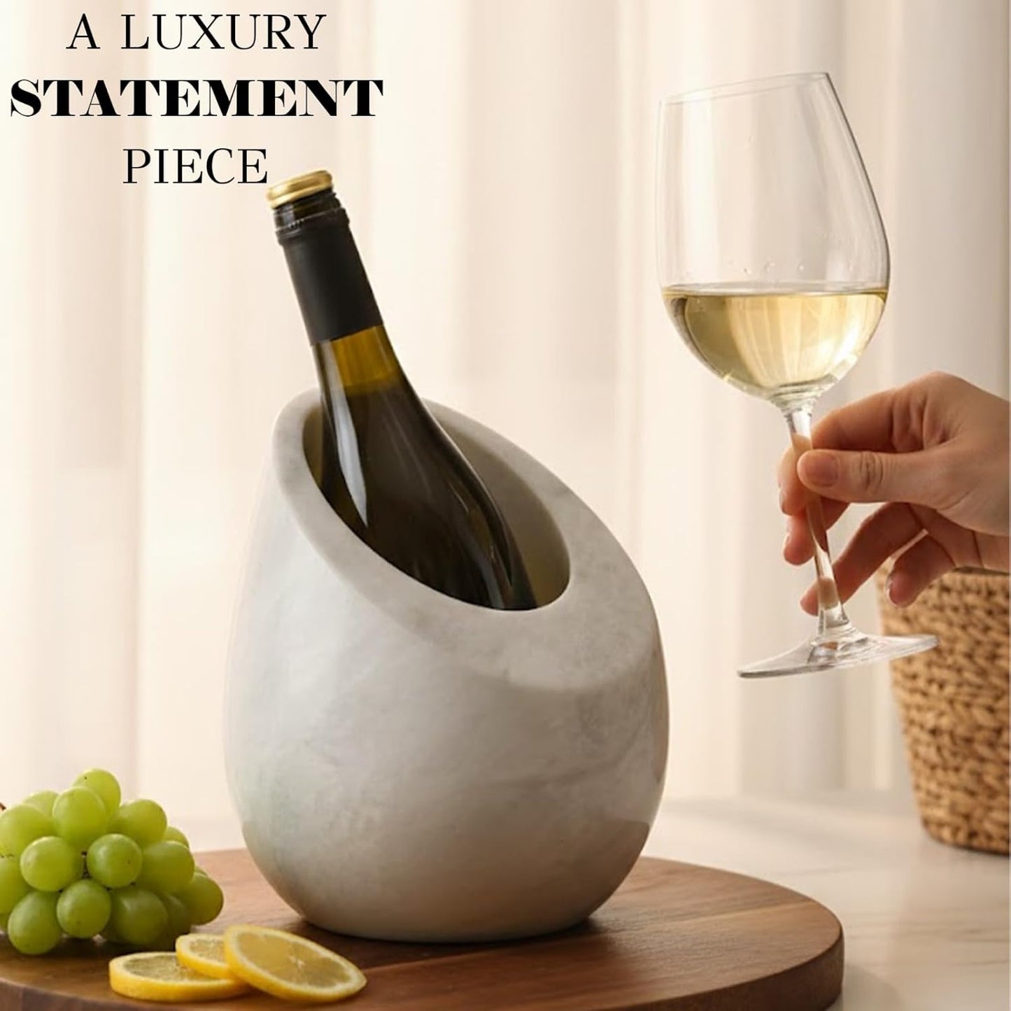 Marble Wine Chiller Bucket Set With 2 Marble Coasters – 750ml Wine Bottle Cooler for Party, Dinner, Kitchen & Bar Cart Decor – Elegant Champagne Cooler Gift for Wine Lovers (White)