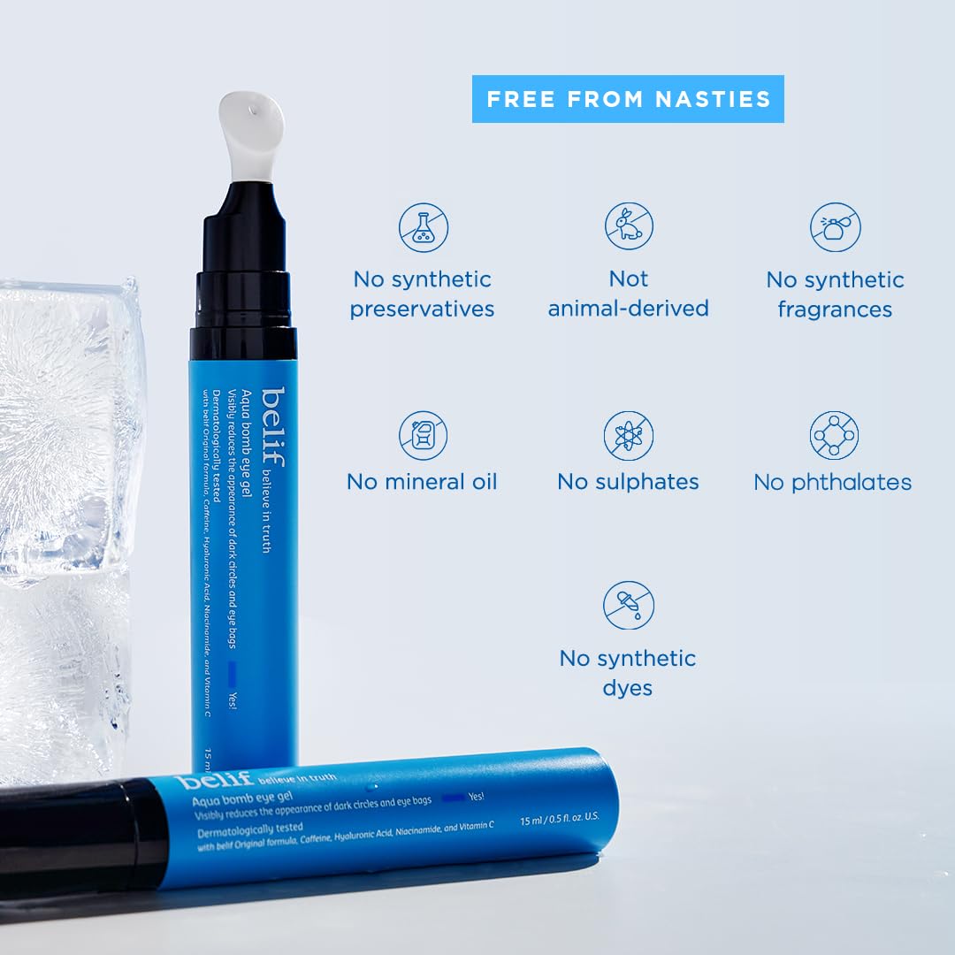 belif Aqua Bomb Cooling Eye Gel - Caffeine & Hyaluronic Acid for Puffiness & Hydration, Niacinamide & Vitamin C for Dark Circles, Adenosine & Collagen for Plumping, Korean Skin Care, 0.5 fl oz (15ml)