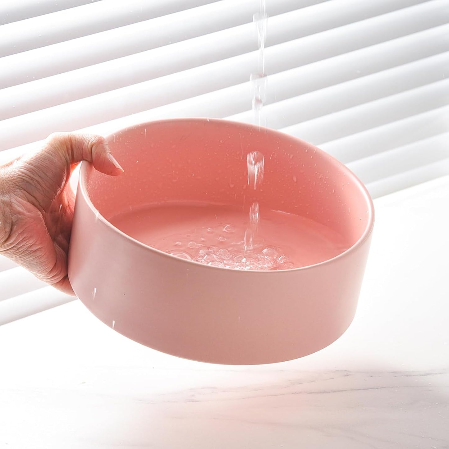 Elevated Ceramic Dog Bowl Set - Raised Dog Bowls with Non Slip Bamboo Stand, Food and Water Bowl Set for Kitty, Cats and Toy Breed Dogs, Pet Bowls, Weighted Dogs Dishes (5.1'', 2*16OZ, Pink)