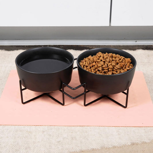 Waggo Simple Solid Ceramic Dog Bowl and Stand - Double Pet Feeder, Small, Black