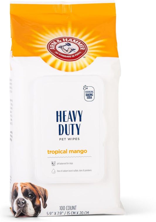 Arm & Hammer for Pets Heavy Duty Multipurpose Dog Wipes, Paw and Butt Wipes for Dogs to Help Clean Deodorize and Freshen Coat and Skin Between Baths, Mango Scent, 100 Count - 3 Pack
