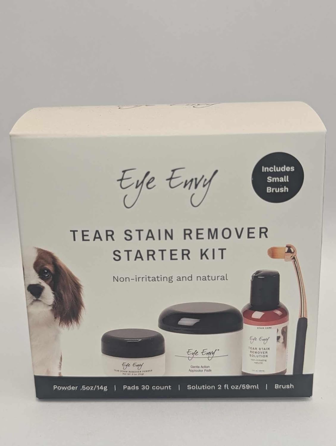 Eye Envy Dog Tear Stain Remover Starter Kit with ProPowder Brush | Stain Solution, Applicator Pads, Stain Powder and Small Applicator Brush | Lasts 30-45 Days