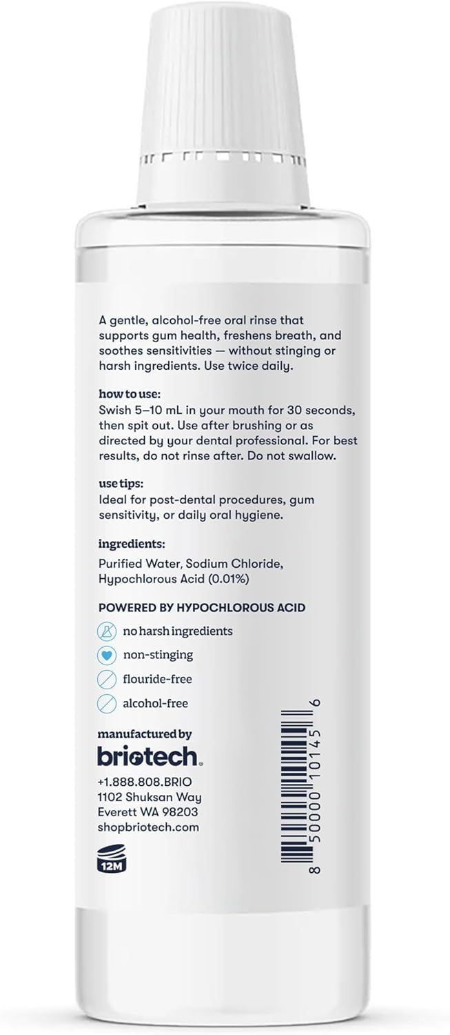 BRIOTECH Oral Swish, Hypochlorous Acid Mouthwash Rinse, Gentle Oral Care Hygiene, Fight Bad Breath, Support Against Plaque, Gum Irritation & Tender Gums, Alcohol & Fluoride Free, 17 fl oz