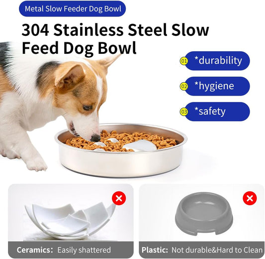 Slow Feeder Dog Bowls, 304 Stainless Steel Metal Slow Feeder Dog Bowl, Suction Cup Anti Flip,2X Non-Slip,2-4 Cups, for Small & Medium Breed(Weighs 0.45 pounds)