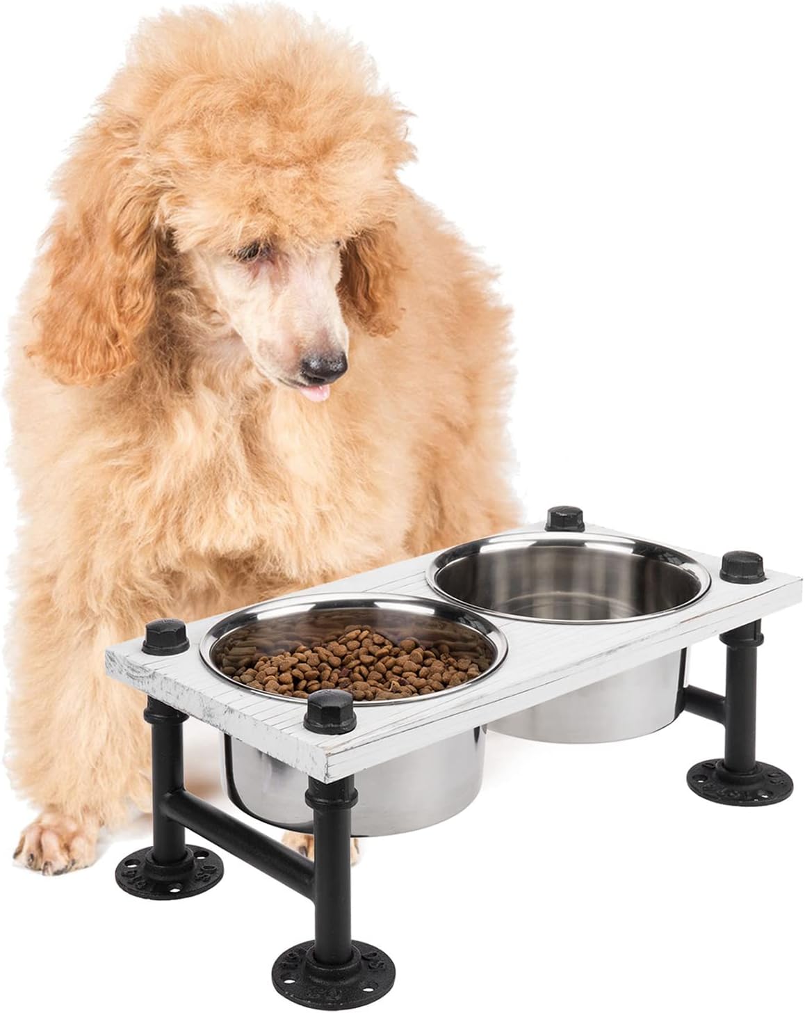 MyGift Vintage White Solid Wood Elevated Feeder with Industrial Metal Legs, 6.2" Tall Bowls for Medium Sized Dogs, Raised Food and Water Stand with 2 Stainless Steel Bowls