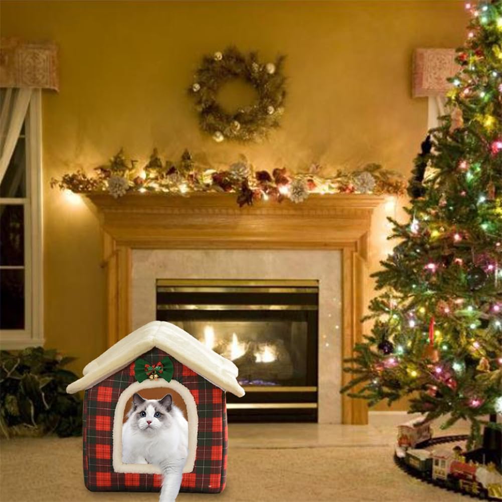 Christmas Cat Bed for Indoor Cats Plaid Xmas Cat Tent Cats Bed Cave for Pets Kittens and Dogs (Christmas Plaid, M(18.1 X 14.6 X 15.7 Inch))