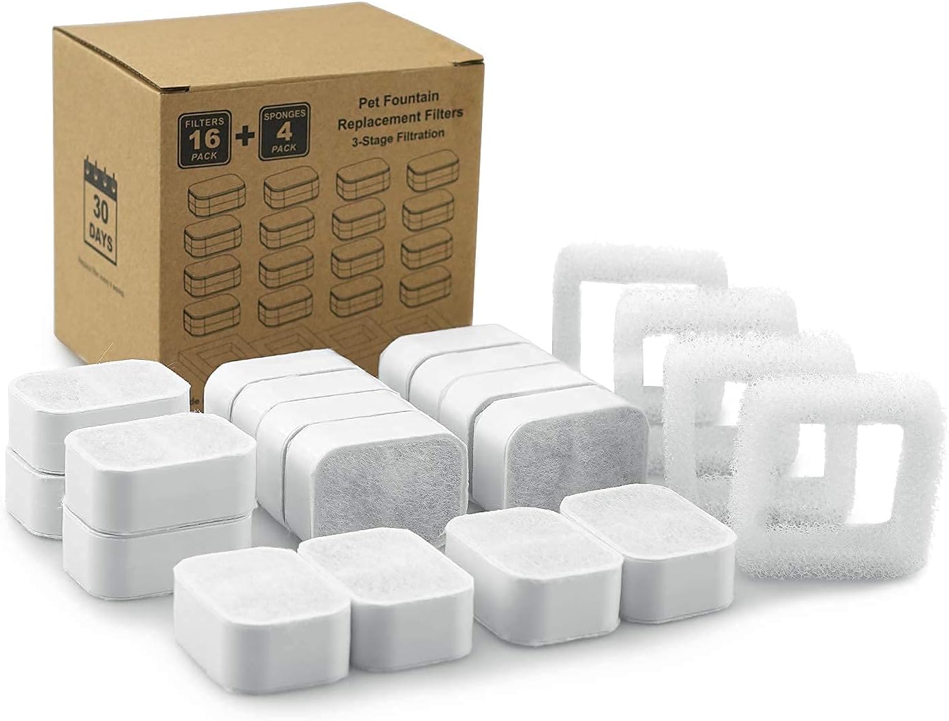 20 Pack Ceramic Cat Water Fountain Replacement Filters - 16 Pet Fountain and 4 Foam Filters for Tritone/Fiumi Ceramic Pet Lotus Drinking Fountain