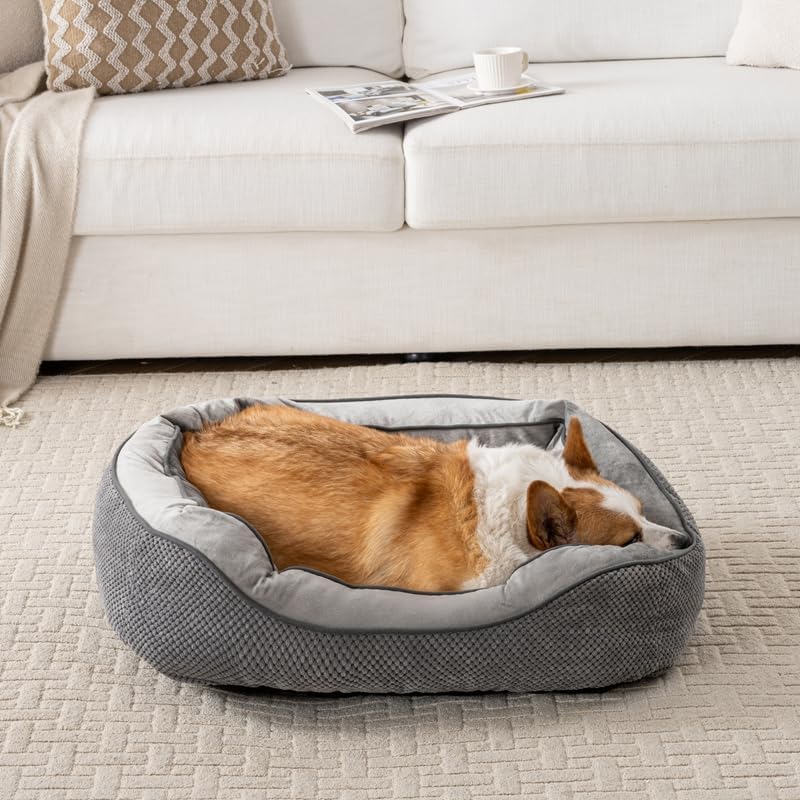 Happy Pets Luxury Orthopedic Pet Bed, Wide Stripe, Brown or Dark Gray Square Nest Bolster Design, Machine Washable Cover, for All Breeds (Dark Gray, 20" x 19" x 6")