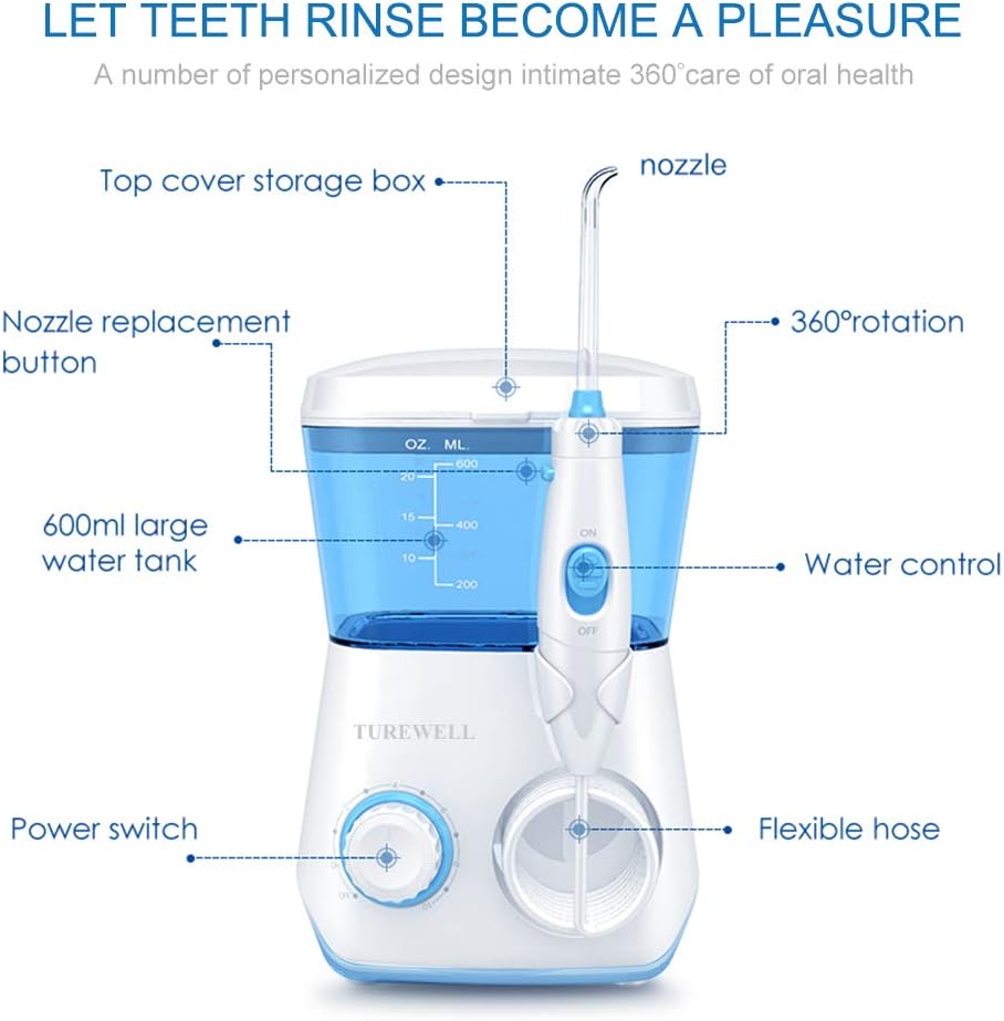 TUREWELL Water Flossing Oral Irrigator, 600ML Dental Cleaner 10 Adjustable Pressure, Electric Oral Flosser for Teeth/Braces, 8 Replacement Jet Tips for Family (White)