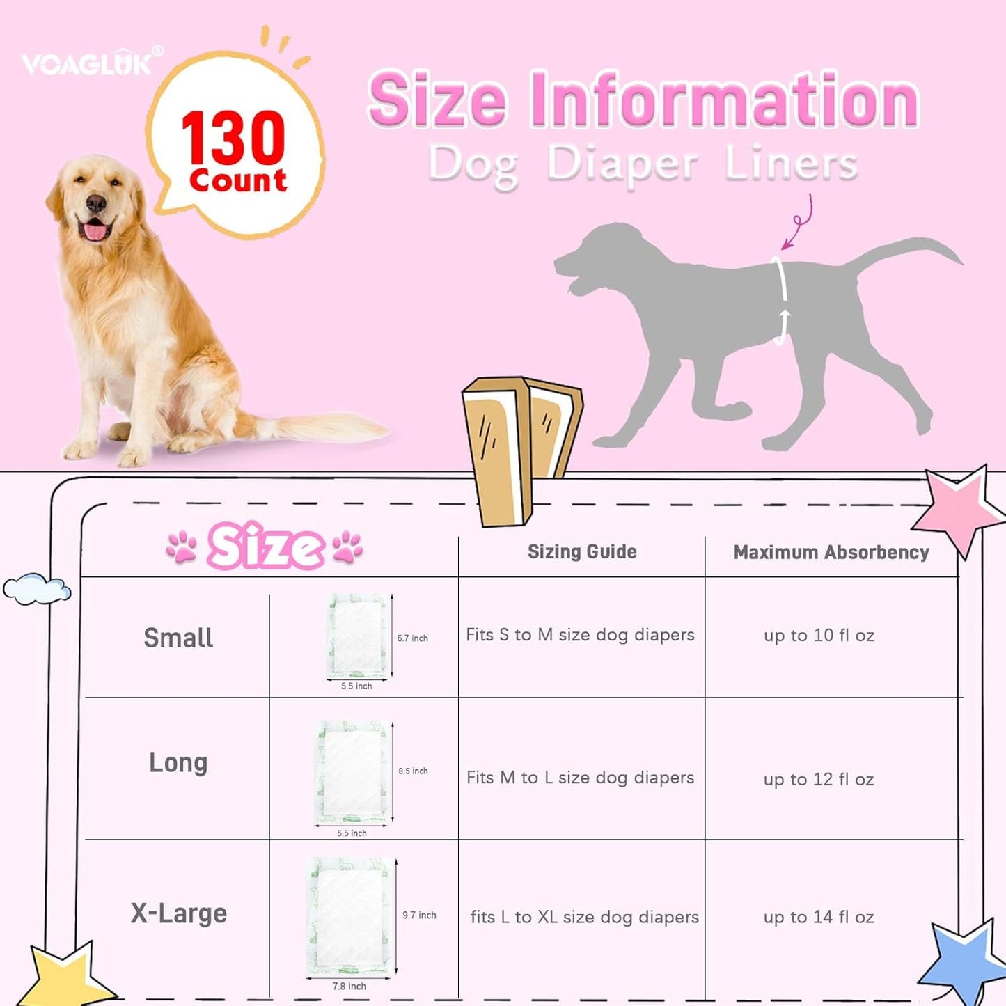 Dog Diaper Liners for Male and Female Dogs, 130ct, Super Absorbent Disposable Dog Diapers Booster Pads fit Most Pet Belly Bands and Wraps (X-Large)