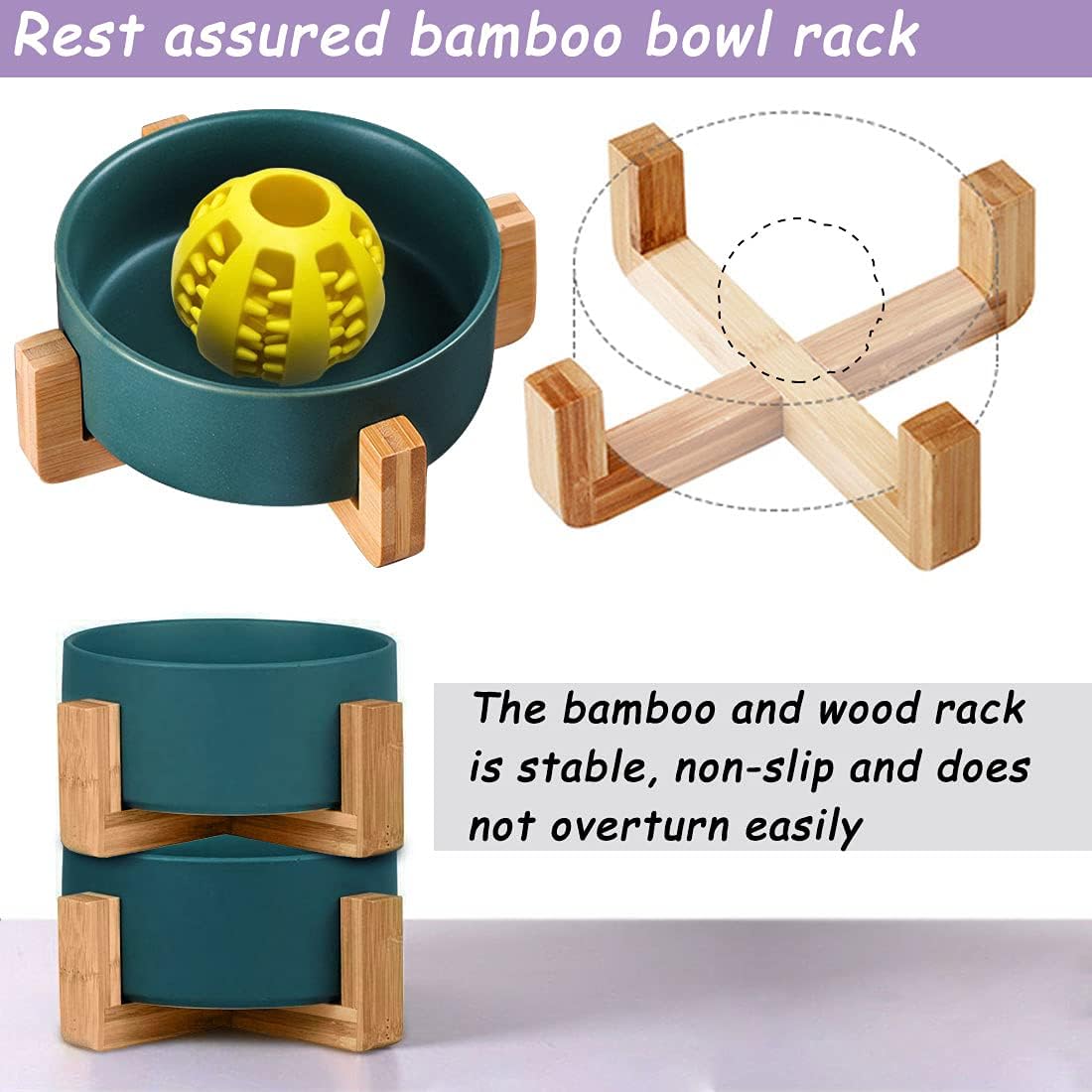 Petygooing Ceramic Dog Cat Bowl Set with Stand,Small Dog Bowls,Food and Water Dishes, Cute Modern Anti Slip Set of 2 Pet Food Dish- Small Size Pet (13.5OZ/5.1 in) Green