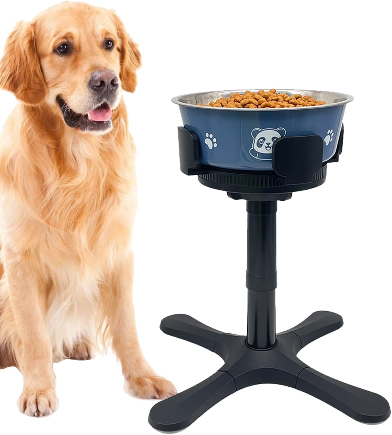 Dog Bowl Stand - Adjustable Single Feeding Raised, Prevent Tipping Large Medium Dogs, Backyard Living Room, Stainless Steel Height Extendable, Anti-Slip Stable Base, Modern Black Design Pet