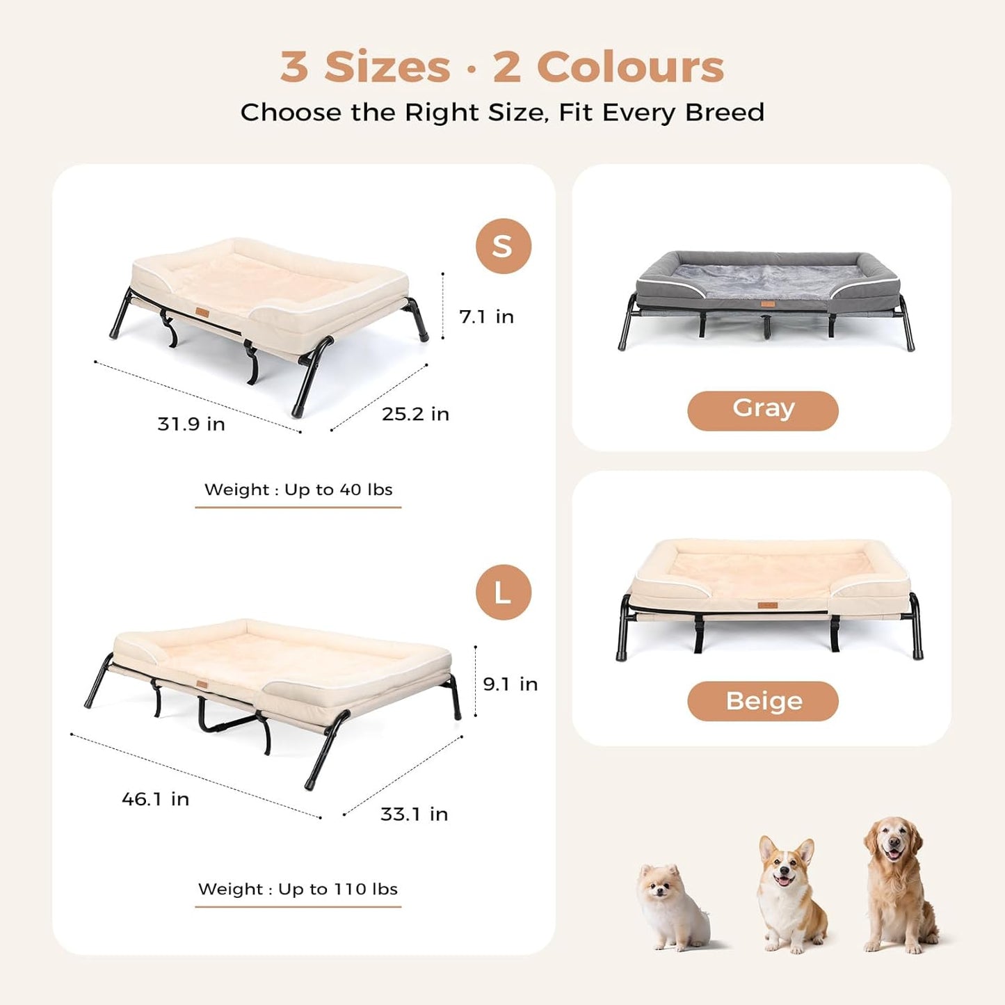 Lekereise Raised Dog Bed for Small Dog 32x25 Inch, Orthopedic Pet Beds with Waterproof Egg Crate Foam, Removable Dogs Couch Bed for Indoor Outdoor, 2-in-1 Design, Load 40lb, Beige