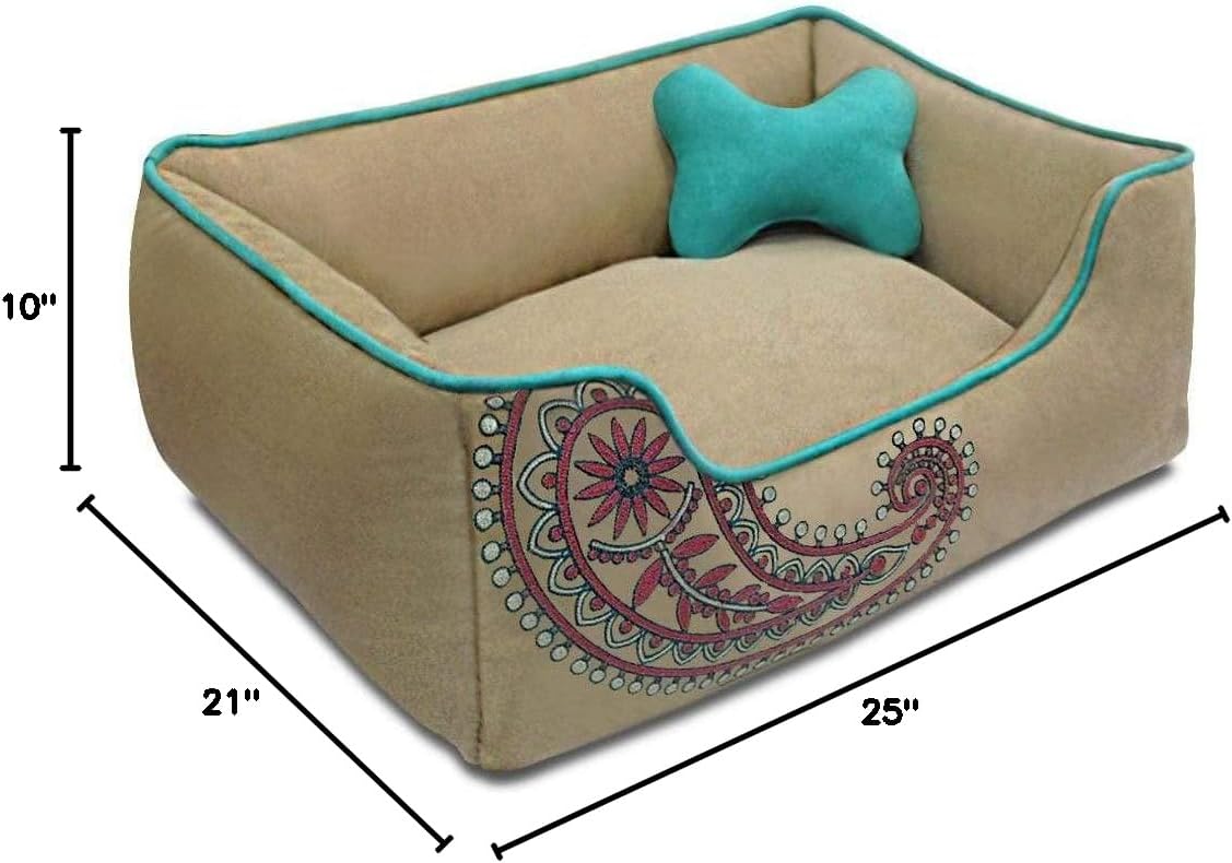 Blueberry Pet Microsuede Pet Bed, Recyclable & Removable Stuffing w/YKK Zippers, Machine Washable, for Cats & Dogs, 25" x 21" x 10", Champagne Beige Embroidered Paisley