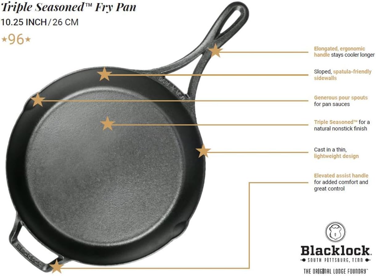 Lodge Blacklock 10.25" Triple Seasoned Cast Iron Skillet - Lightweight - Easy Cleanup - Premium Cookware