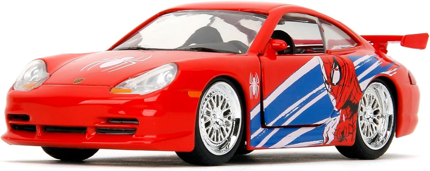 Jada Hollywood Rides Spider-Man Porsche 911 GT3 RS 1:32 – Die-Cast Vehicle Paint, Opening Doors, Marvel Theme – Red/Blue Design for Kids & Collectors