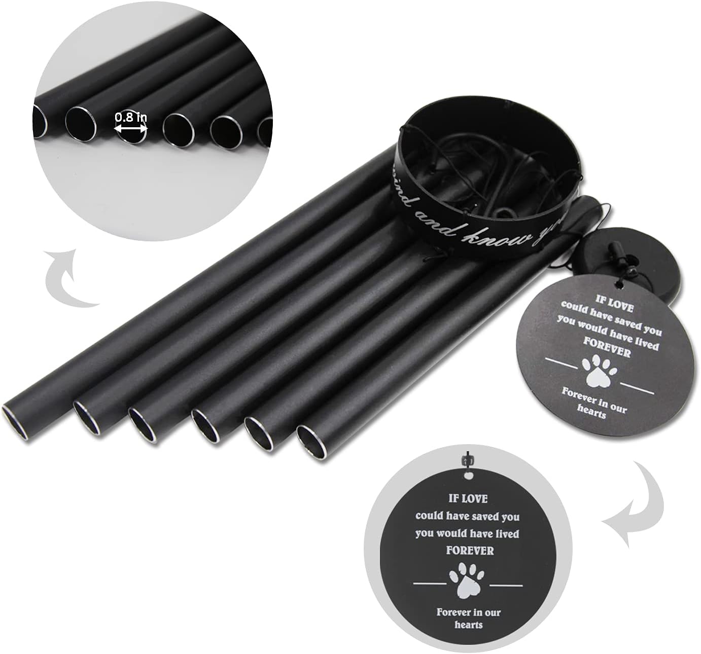 Pet Memorial Wind Chime, 30 Inches Paw Print Pet Remembrance Gift to Honor and Remember a Dog, Cat, or Other Pet, Premium Metal Wind Chime, Black