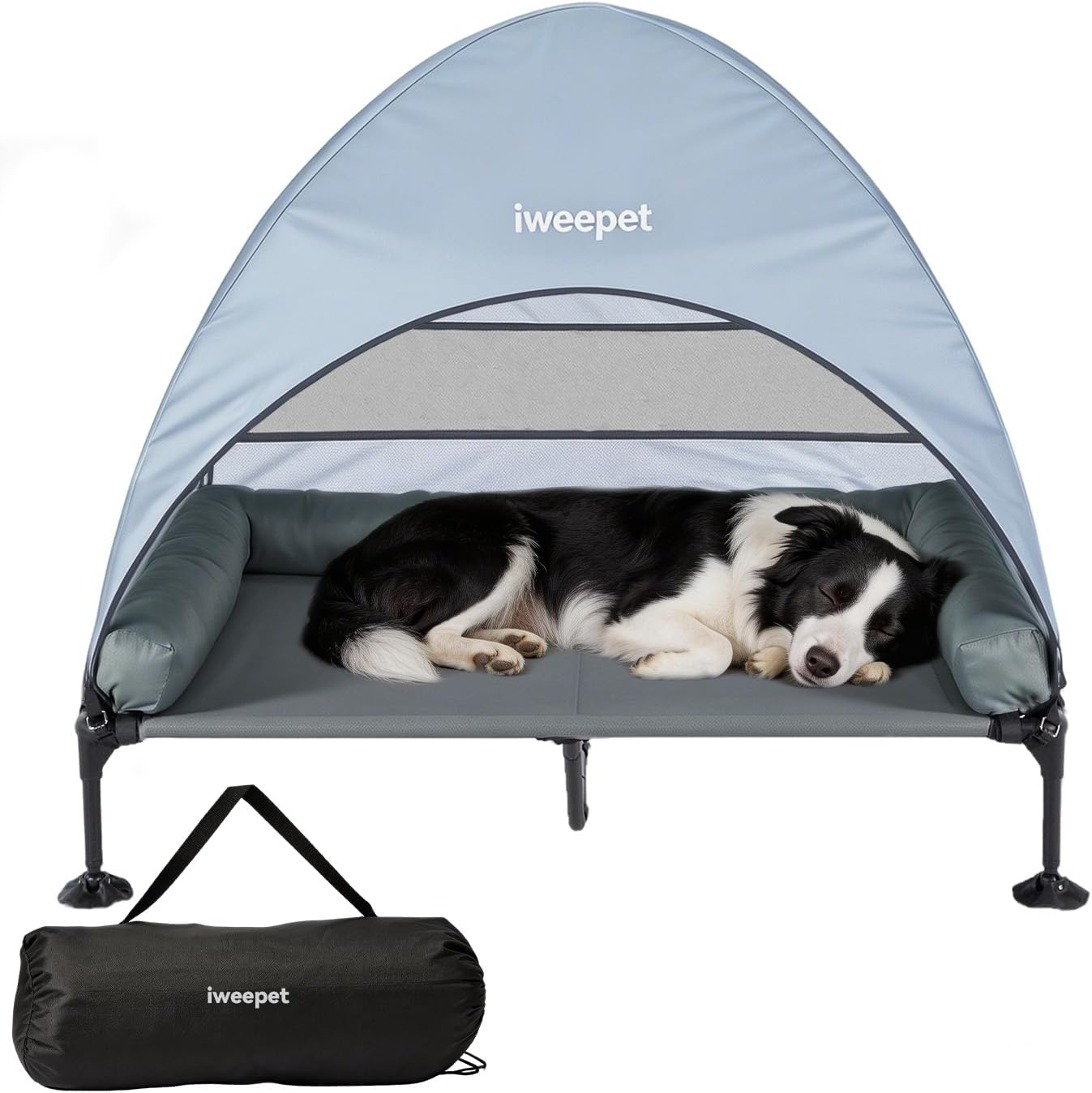 4 in 1Elevated Dog Bed with Removable Canopy & Side Bolster Pillows, Cooling Raised Pet Cot with Breathable Teslin Mesh, Portable Outdoor Dog Bed with Carry Bag for Camping, Patio, Backyard, L
