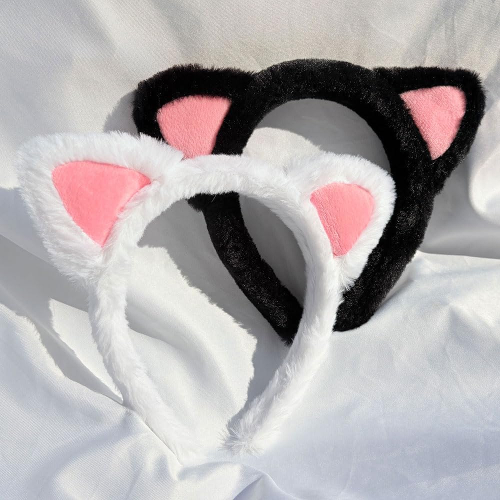Cat Ears Headband 2‑Pack – Plush Fuzzy Headbands for Cosplay, Makeup, Yoga, Spa & Photo Props — One Size Fits Most