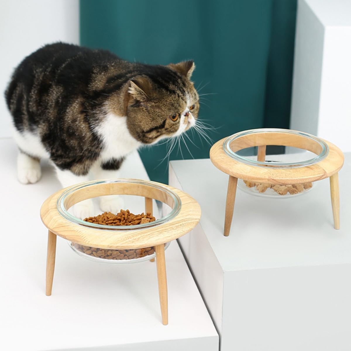 Milisten Glass Raised Pet Bowl with Wooden Stand 17.8cm 800ml Non-Spill Water Feeder and Food Dish for Cats and Dogs Elevated Feeding Supplies