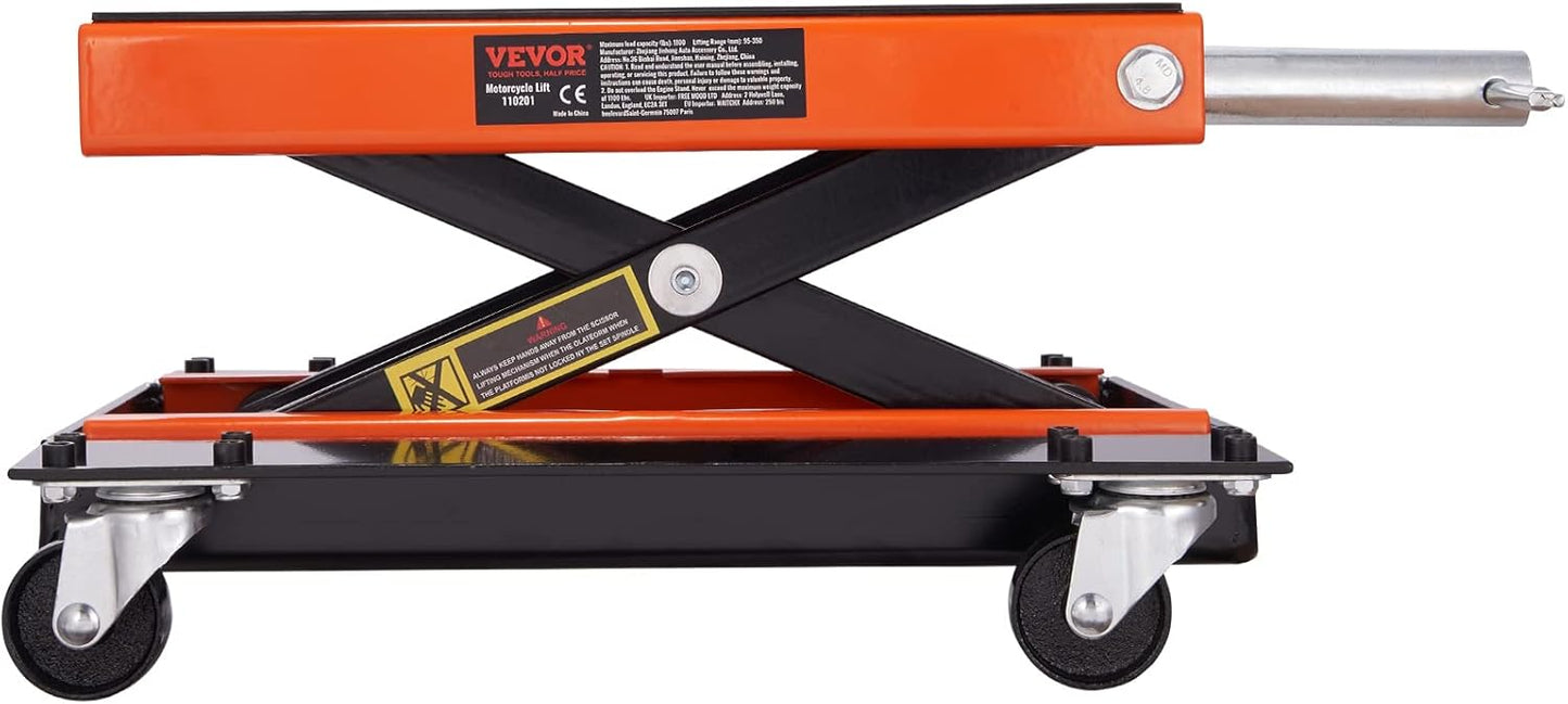 VEVOR Motorcycle Lift, 1100 LBS Motorcycle Lift ATV Scissor Lift Jack with Dolly & Hand Crank, Center Hoist Crank Stand with Wide Deck & Tool Tray for Street Bikes, Cruiser Bikes, Touring Motorcycles