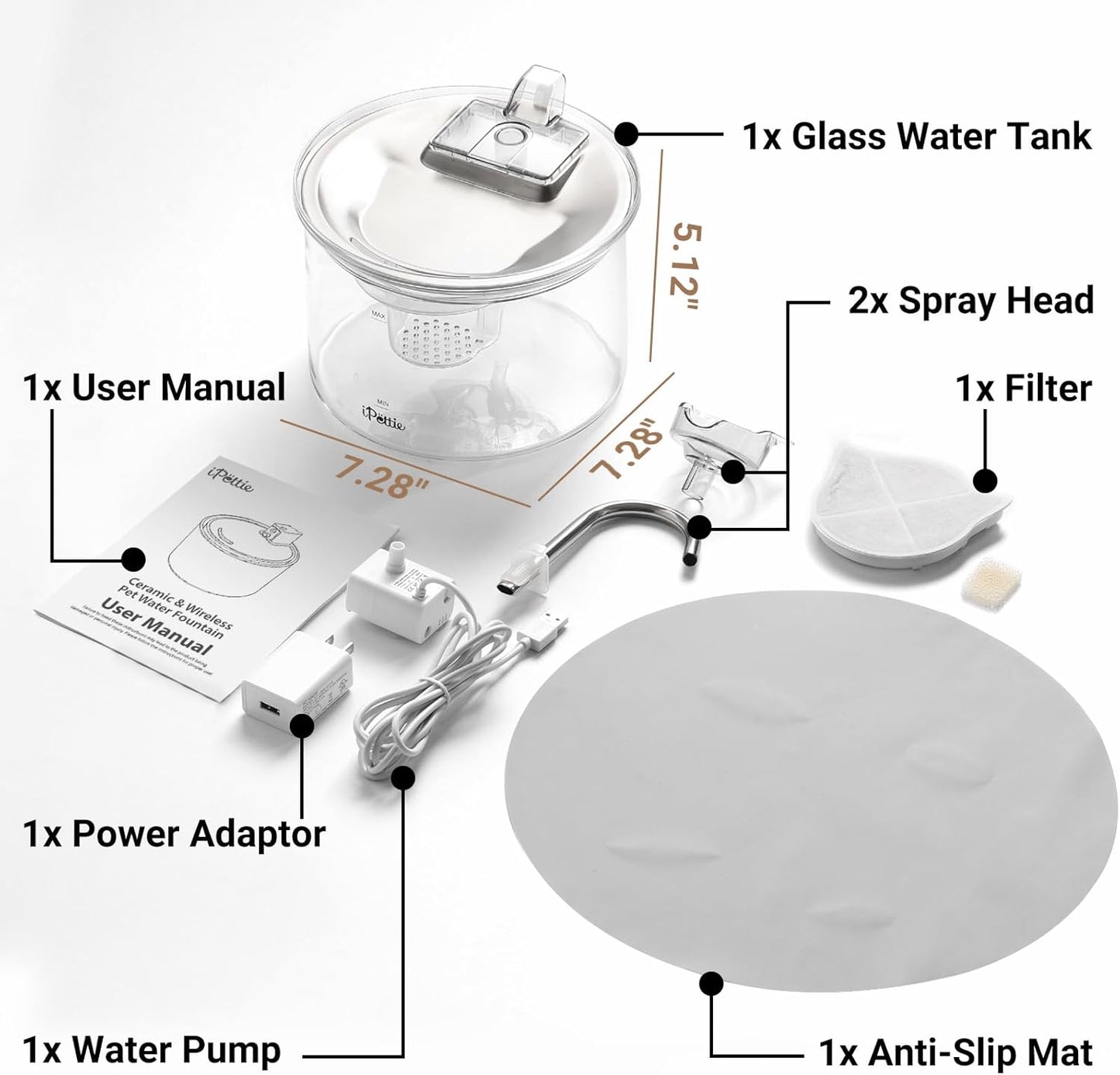 iPettie Glass Cat Water Fountain, Kitty Spout Water Fountain 68oz/2L for Cats Dogs with 2 Spray Heads, 3-Stage Filtration, Automatic Water Dispenser, Glass & Stainless Steel