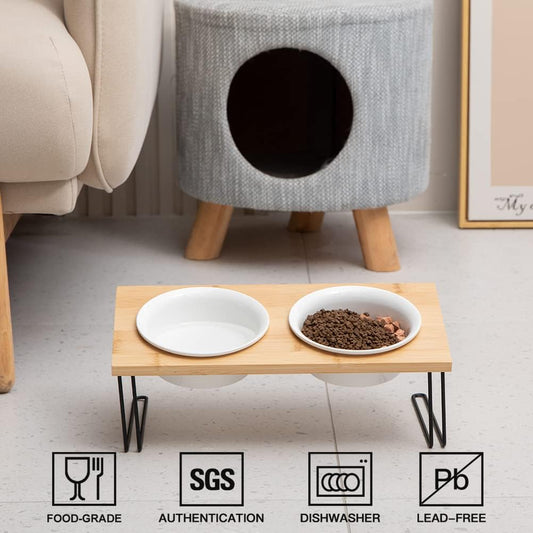 Sweejar Ceramic Elevated Cat Bowls, Small Dog Bowls, 15° Tilted Raised Pet Bowl with Solid Wooden Stand to Protect Spine, Water and Food Feeder for Cat and Dog, Pack of 2 (White)