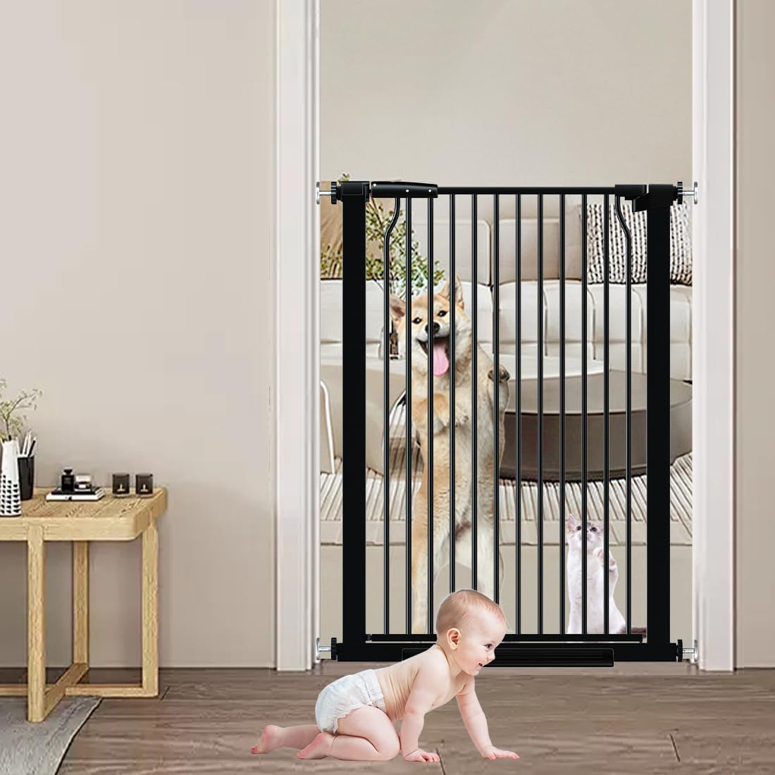 41" Extra Tall Baby Gate With Door, 40.6-54.7 In Wide Dog Gates for Doorways Stairs, Walk Through Large Pet Gate Indoor, Pressure Mounted Child Safety Gates for Kids Puppy Doggie Metal Black