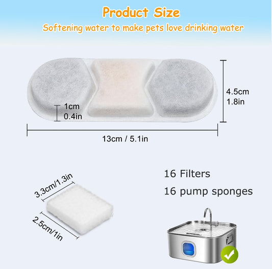 16 Pack Dog Water Fountain Filters Fit for WF120 Large Dog Water Bowl Dispenser 410oz/3.2Gal/12L Automatic Pet Fountain