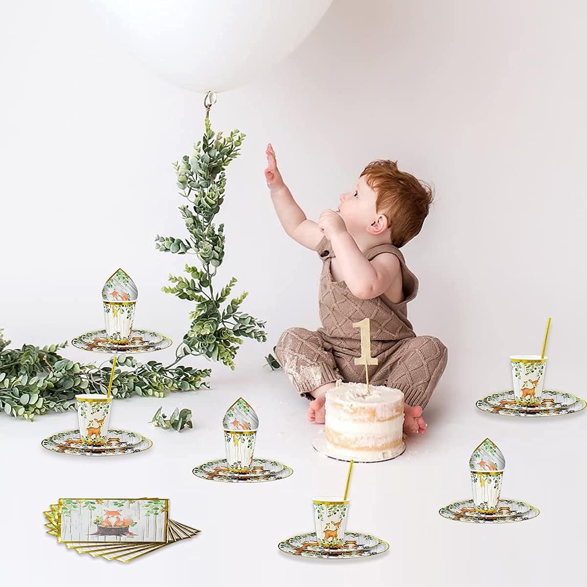 121Pc Woodland Baby Shower Decorations For Boy Or Girl, Birthday Party Supplies, Heavy Duty Sage Green Tablecloth, Paper Plates, Napkins, Straws And Cups, Forest Animal Friends Tableware Set Serves 24