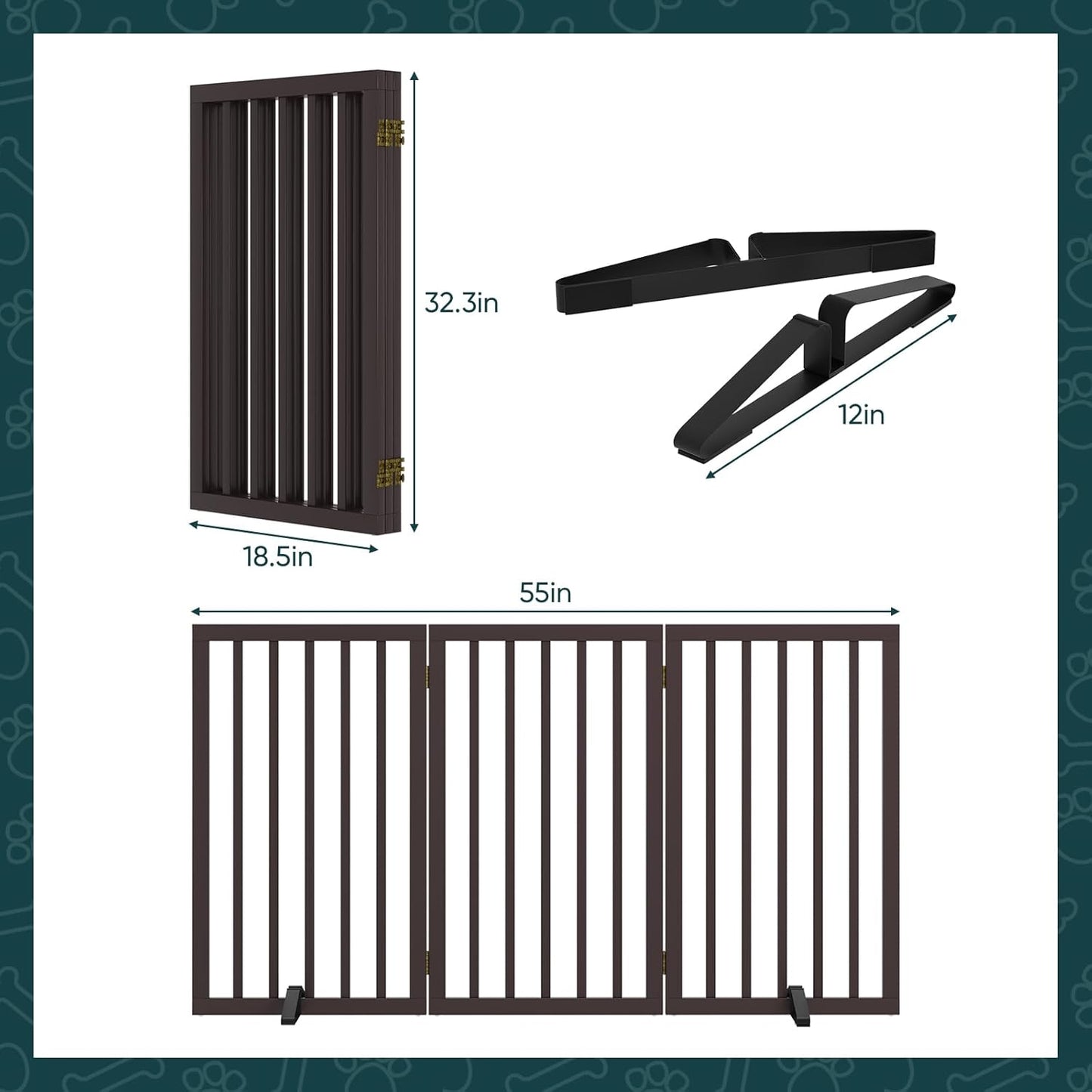 높이 81.3cm(32인치) 엑스트라 톨 프리 스탠딩 반려견 게이트, 금속 스탠드 2개가 있는 3패널 대나무 반려동물 게이트, 360° 경첩이 있는 실내 독립형 게이트, 계단, 출입구용 접이식 반려동물 장벽, 너비 139.7cm(55인치) x 높이 81.3cm(32인치) - 에스프레소