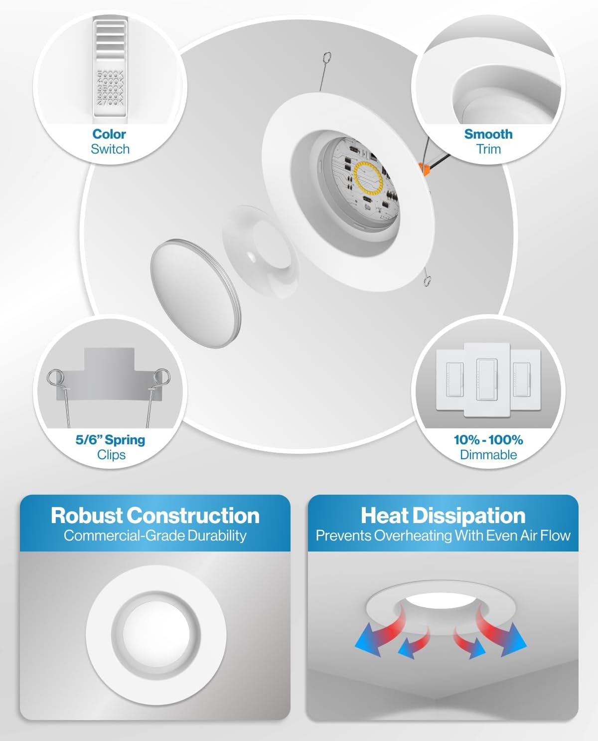Sunco 12 Pack 6 Inch LED Recessed Lights, Retrofit Can Lights, Smooth Trim, 965 LM, 13W (75W Equivalent), Selectable CCT 2700K/3000K/3500K/4000K/5000K, Dimmable, Damp Rated UL