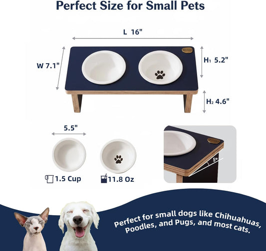 Elegant Raised Dog Bowl Stand with 2 Ceramic Bowls - Waterproof Multi-Layer Solid Wood Design for Small Dogs or Cats ,Anti-tip 3.9 lb Heavy-Duty Food Prep Station (11.8oz/1.5 Cup)