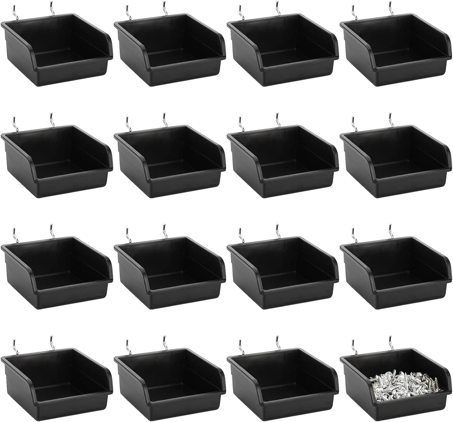 Foraineam 16 Pack Pegboard Bins with Metal Hooks, Black Garage Workbench Bins Cups Peg Board Accessories Kit, Pegboard Tools Organizer for Hardware, Workshop, Craft Room, Tool Shed, Hobby Supplies
