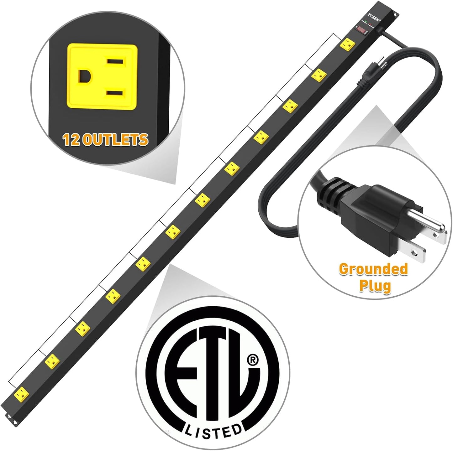 12 Outlet Industrial Long Power Strip with 15Ft Cord, 1875W Heavy Duty Metal Power Strip with Wide-Spaced Outlets & Overload Protection, ETL Listed for Garage, Workshop, Office, Home