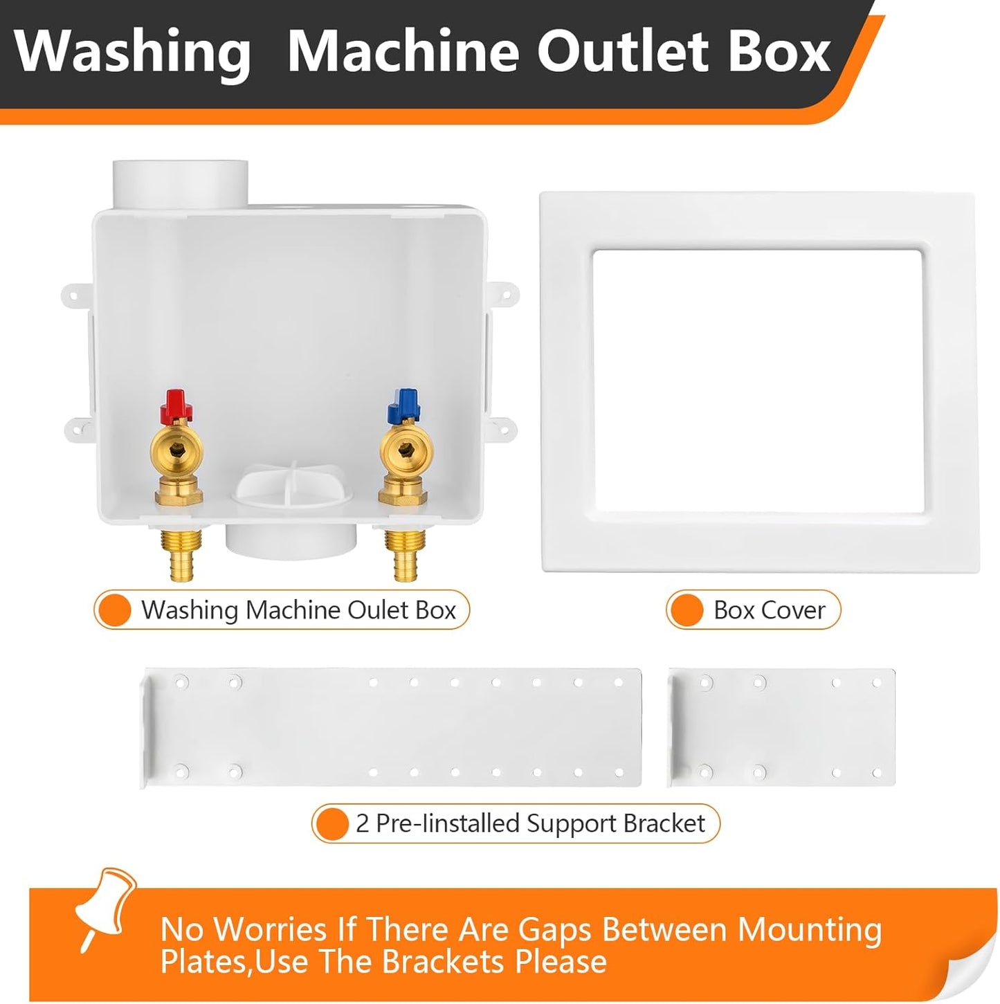 1-Pack HeSun Washing Machine Outlet Box, 1/2 Inch Crimp Pex Inlet x 3/4 Inch MHT Outlet Connection, Pex Washer Laundry Box with Center Drain(WM002)