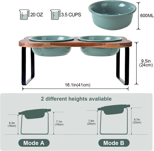 SPUNKYJUNKY Ceramic Elevated Tilted Dog Bowls Bone-Shaped Raised with 2 Height Iron Stand, 6.9'' Dog and Cat Food Water Bowls Set Non-Slip for Small Medium Sized Breed - 20 OZ,Dark Green